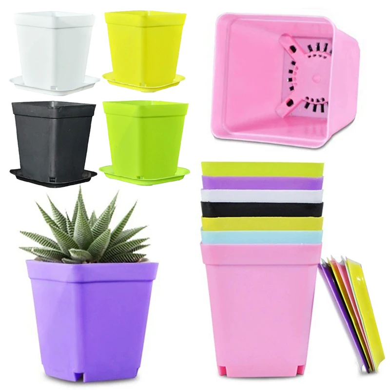 20PCS/Set Candy Color 7cm Square Mini Flowerpot with Tray Office Desktop Plant Grow Container Succulent Pot Garden Nurseries ZYF
