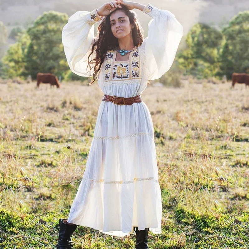 Vestido tipo túnica de algodón y rayón con bordado Floral, vestidos de verano de manga larga para playa, vestidos holgados gitanos bohemios para vacaciones para mujer