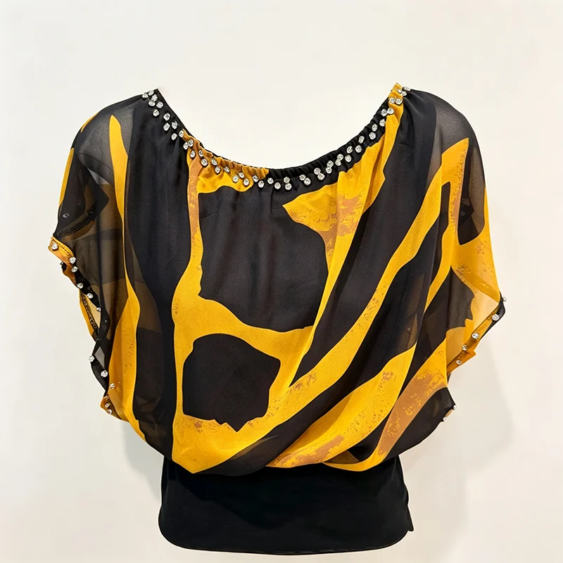 MadBlack-Women European Shirt, Sexy O Neck Print Beading, Hotsweet Short Sleeve Loose Thin Chiffon Blouse, 2026 Summer T