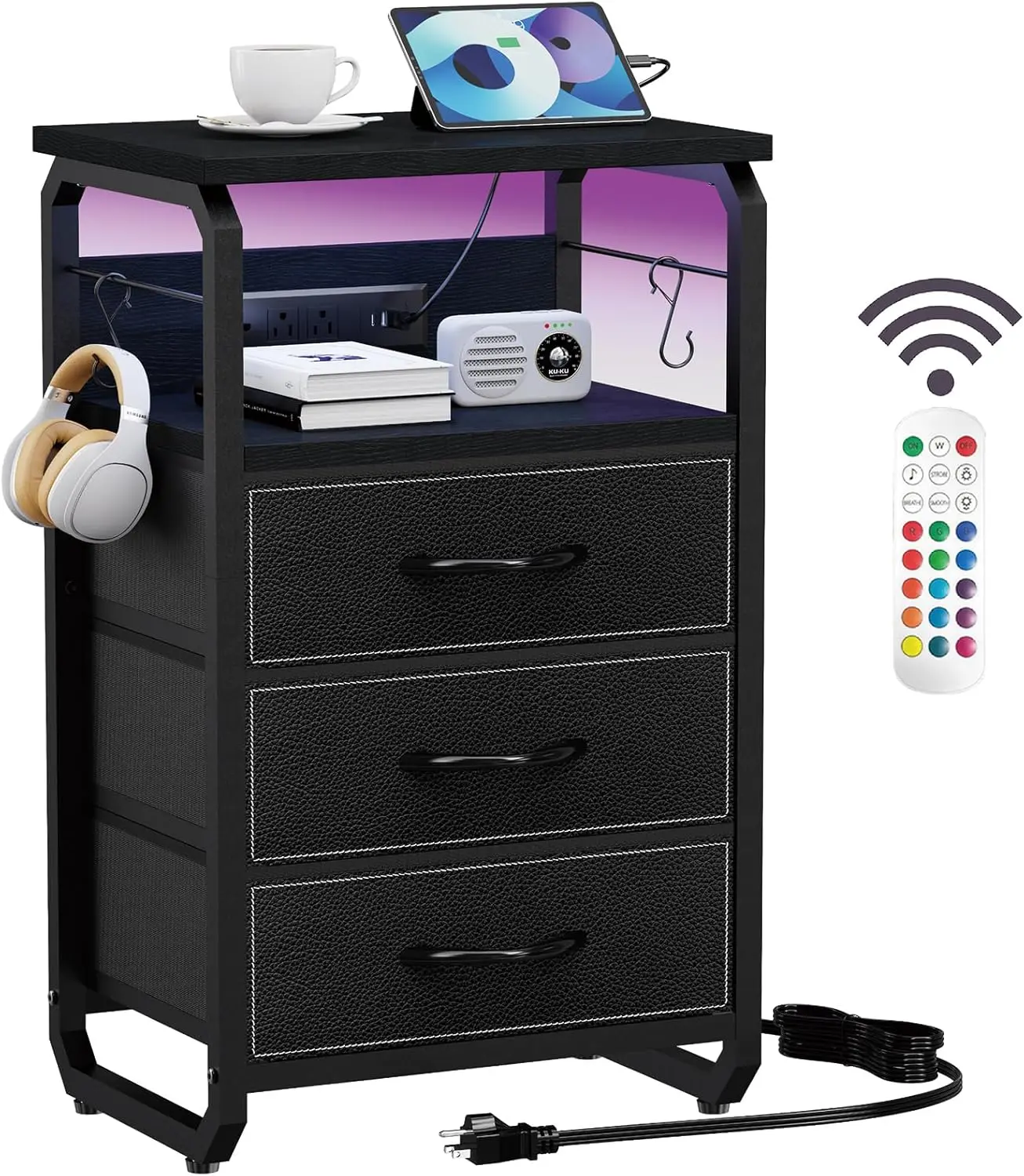 

Bed Side Table With 3 Fabric Drawers, Bla Night Stand, Led Nightstand With Hooks, Bedside Table With Charging Station, End