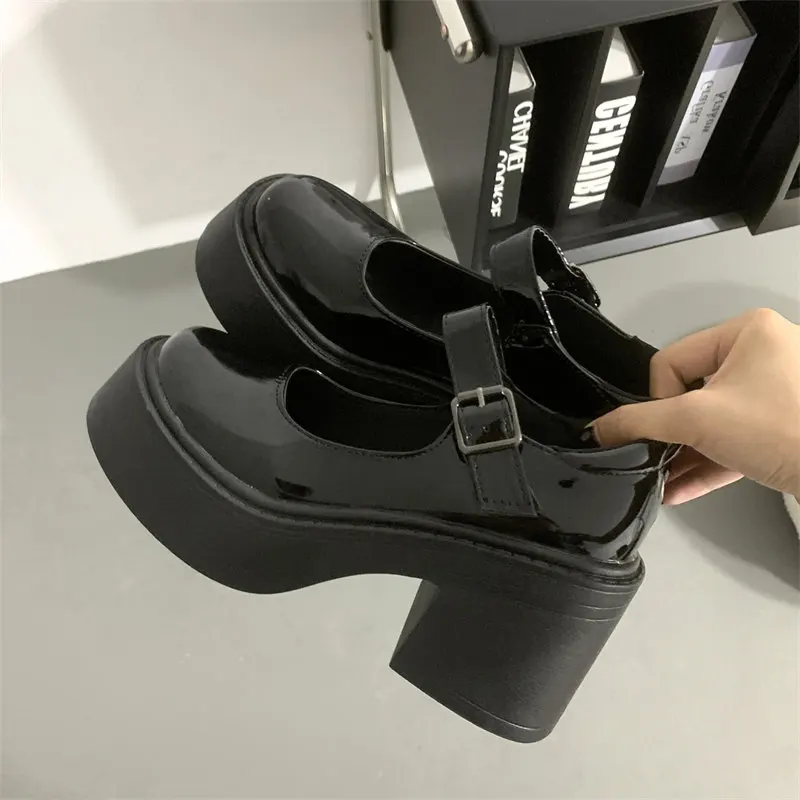 Women Mary Jane Shoes Woman Vintage black High Heel Platform Lolita Shoes Japanese Style College Student JK uniform shoes Beige