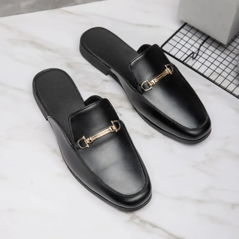 Mens Mules Summer Backless Leather Loafers Slippers Shoes Man Open Back Casual Mules Driving Shoes for Men Black Brown Gift