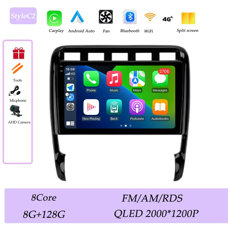 CarPlay voor Porsche Cayenne I 1 9PA 2002-2010 Autoradio Multimedia Speler GPS Navigatie Bluetooth 4G DSP Stereo QLED Scherm