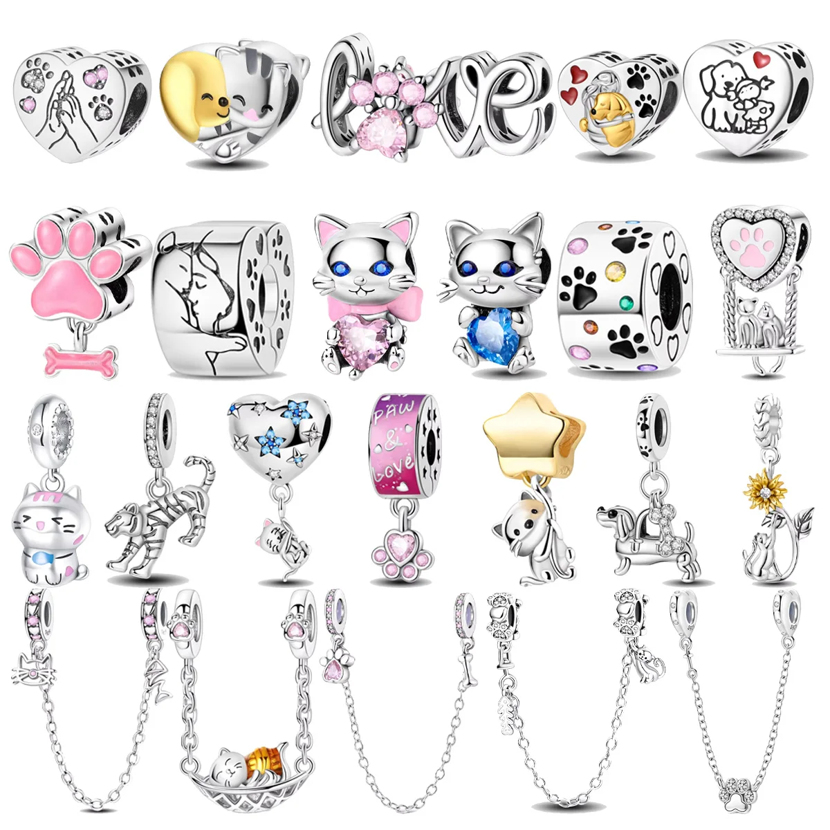 

S925 Sterling Silver Pet cats dogs animal series beads zircon Pendant Charm Fit Original DIY Bracelet Accessories Women Jewelry