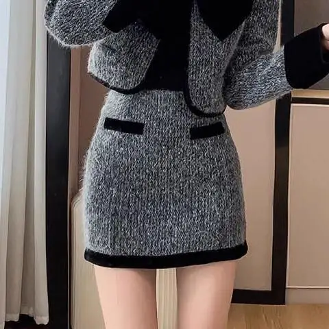 Women\'s Autumn/winter French Elegant Tweed Suit Skirt Set, Retro Solid Contrasting Woolen Suit Collar Jacket Skirt Two-piece Set