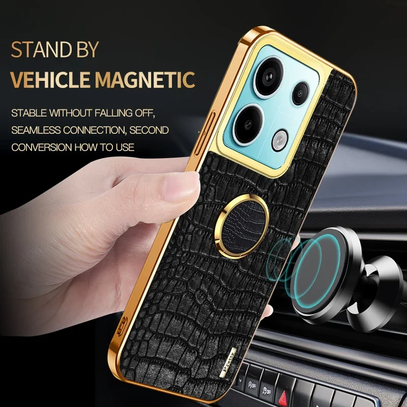 Para Redmi Note 13 Pro Plus 13C 4G 5G funda de teléfono con soporte de anillo magnético textura de cocodrilo fundas suaves de silicona de cuero PU