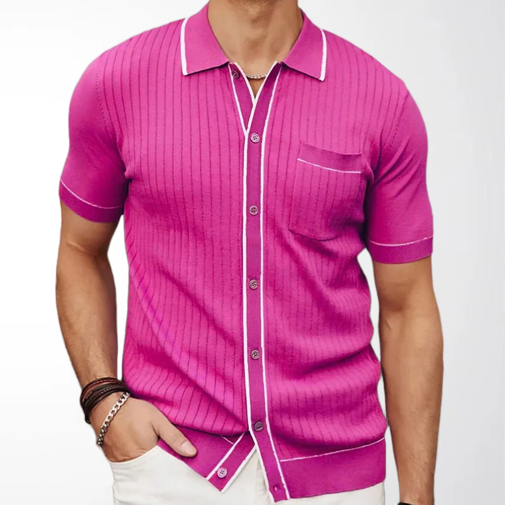 

Мужской роскошный и удобный летний новый вязаный свитер, модная однобортная деловая рубашка-поло с короткими рукавами