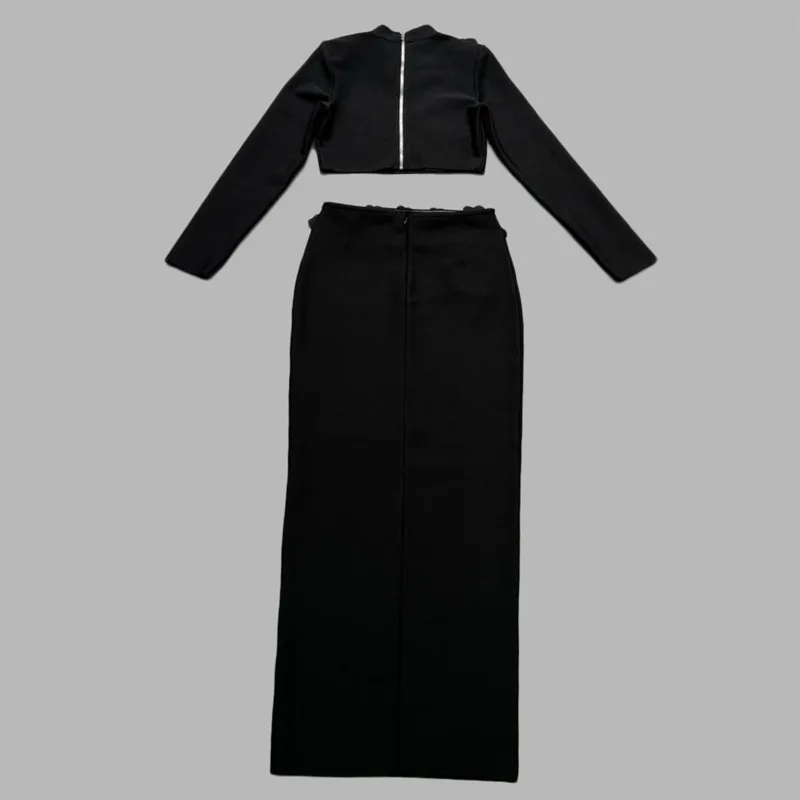 YFPF Elegant Solid Women 2 Piece Set Diamond Spliced Design Short Tops High Waist Long Skirt Luxury Evening Party Clothing