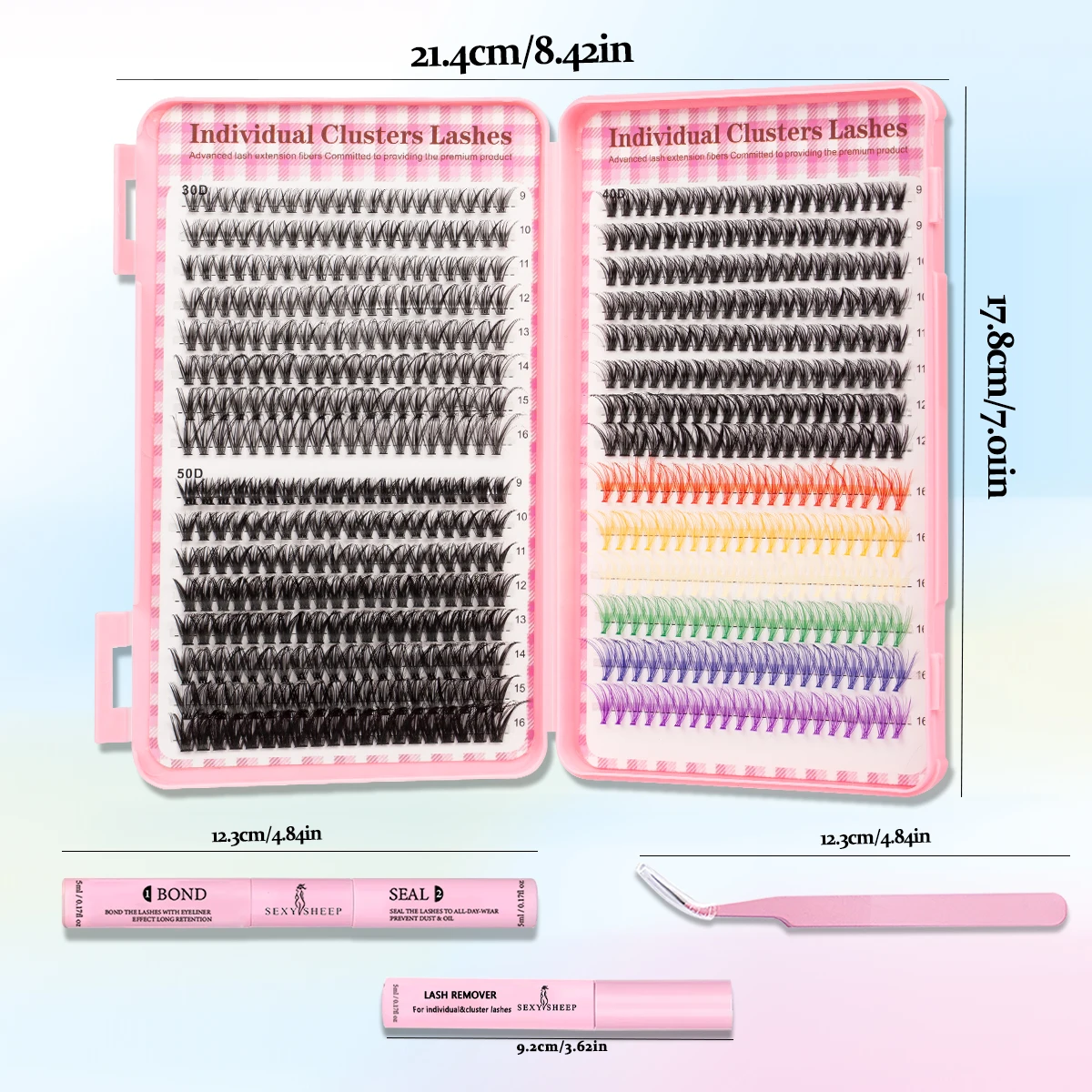 Duże, kolorowe kępki rzęs 30D40D50D 9-16mm, pęseta, klej do rzęs, miękkie i puszyste, odpowiednie do użytku osobistego i w podróży.