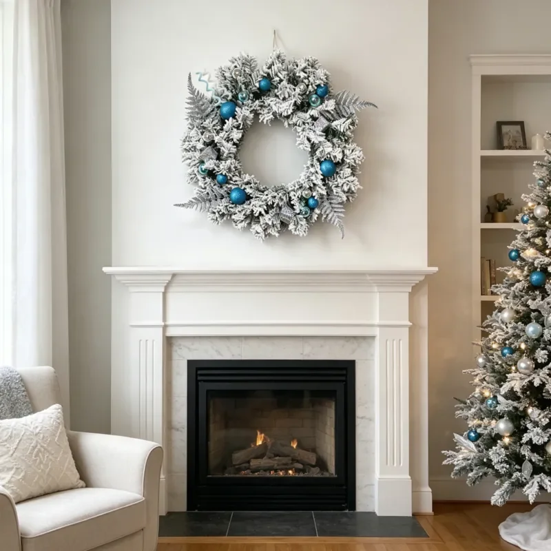 New Flocked Christmas Wreath with Blue Balls and Silver Decorations for Door Window Hanging Party Scene Home Holiday Decor