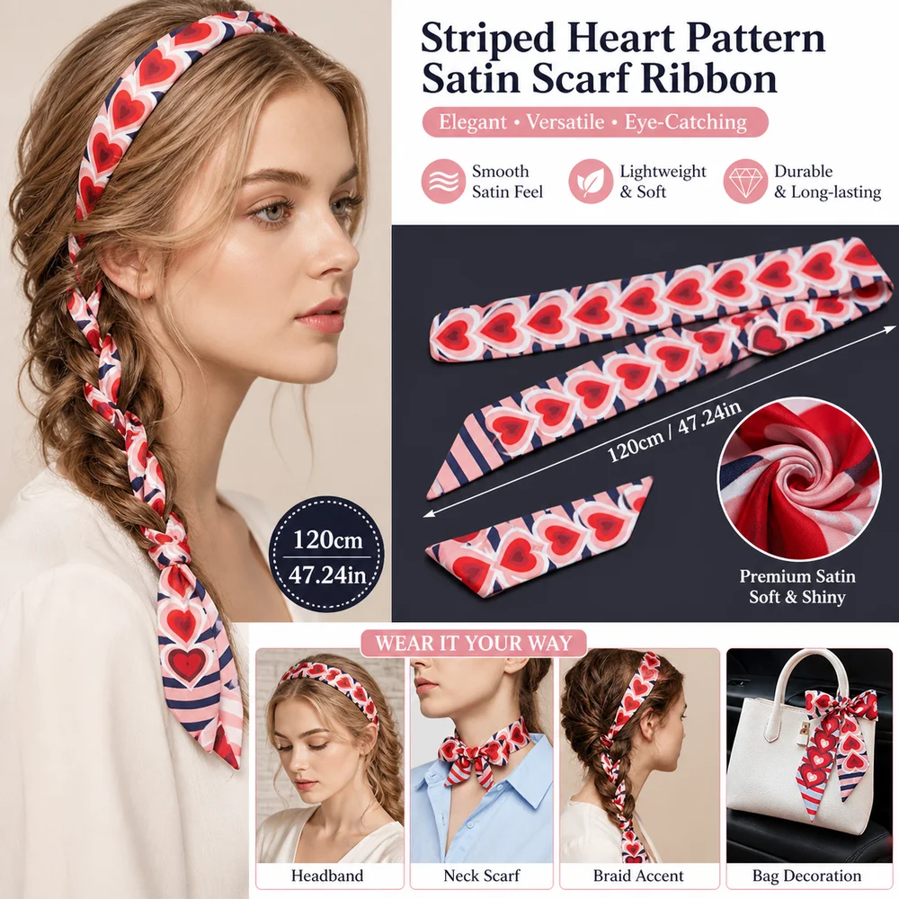 New Striped Slender Scarf Double Layer Heart Pattern Neck Scarf Small 120cm Length Bag Scarf Accessory Decoration