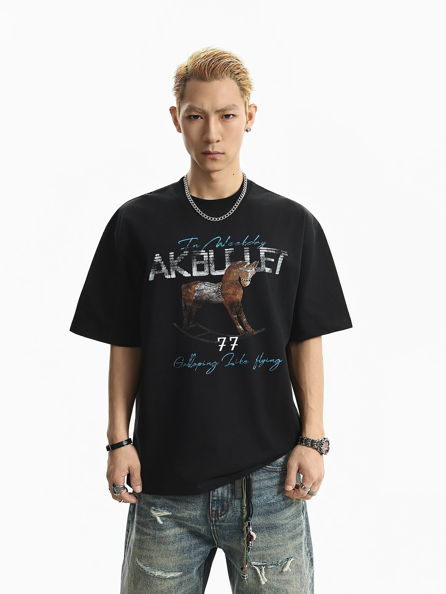 

BETEBULE American High Street Print round Neck Short Sleeve Men's T-shirt Summer Heavyweight Loose Half Sleeve Top