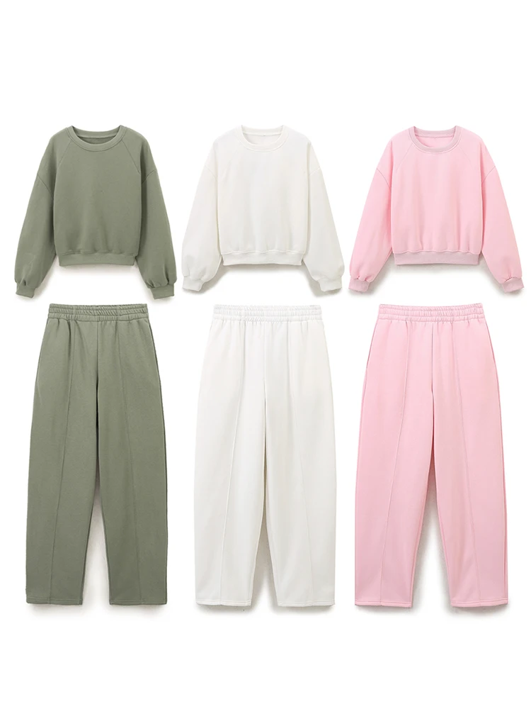 KAOPU ZA Women basic plush sweatshirt or high-waist straight-leg plush trousers two pieces sets mujer