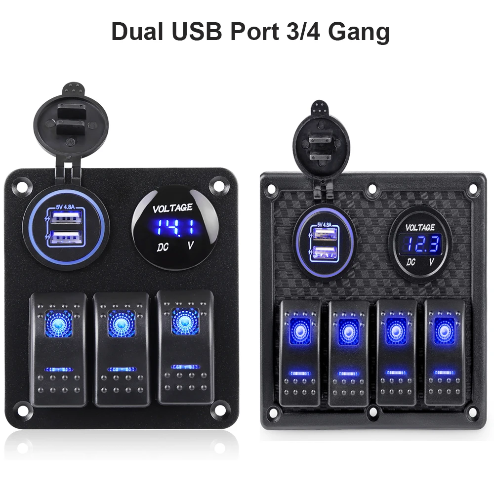 

Digital Voltmeter Dual USB Port Outlet 3/4 Gang 4.8A 12V Waterproof Circuit Control Boat Moto Car Switch PanelWith Sticker