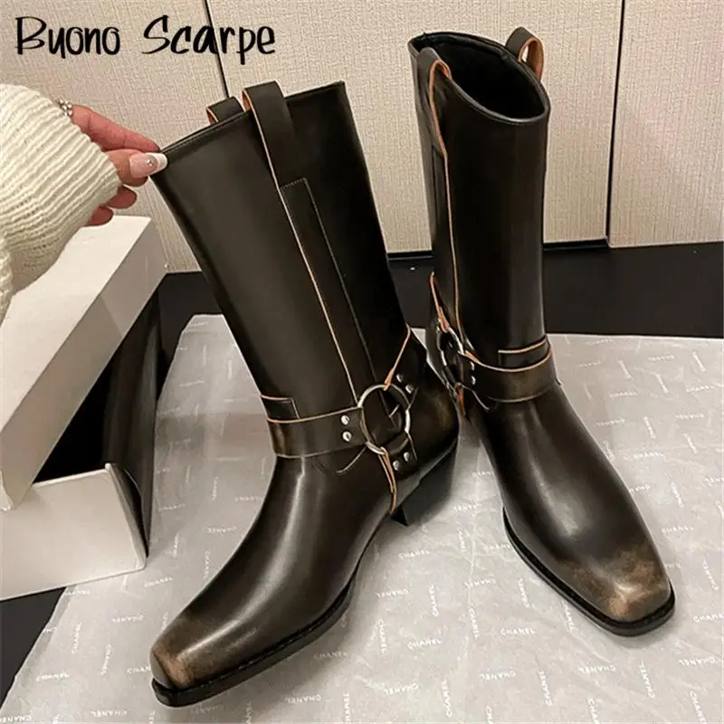 

Retro Square Toe Ankle Boots Women Chunky Heel Platform Belt Buckle Western Cowboy Boots Fashion Metal Decoration Knight Botas