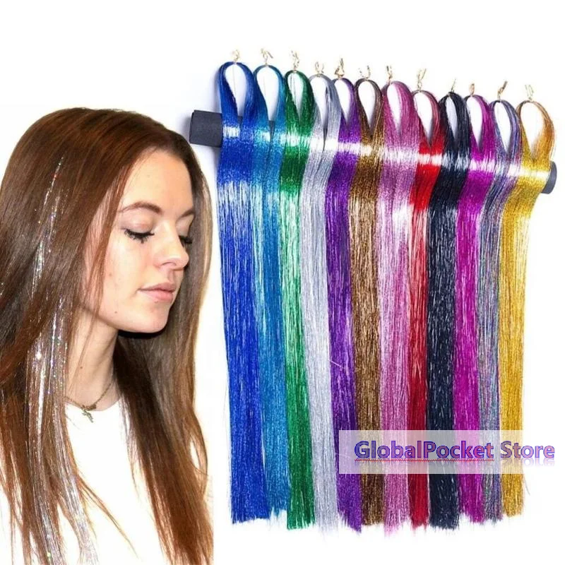 [TG823]Shiny Hair Tinsel 90cm Rainbow Women Colorful Glitter Bling Hair Extension Twinkle Hair Dazzles Accessories For Braiding