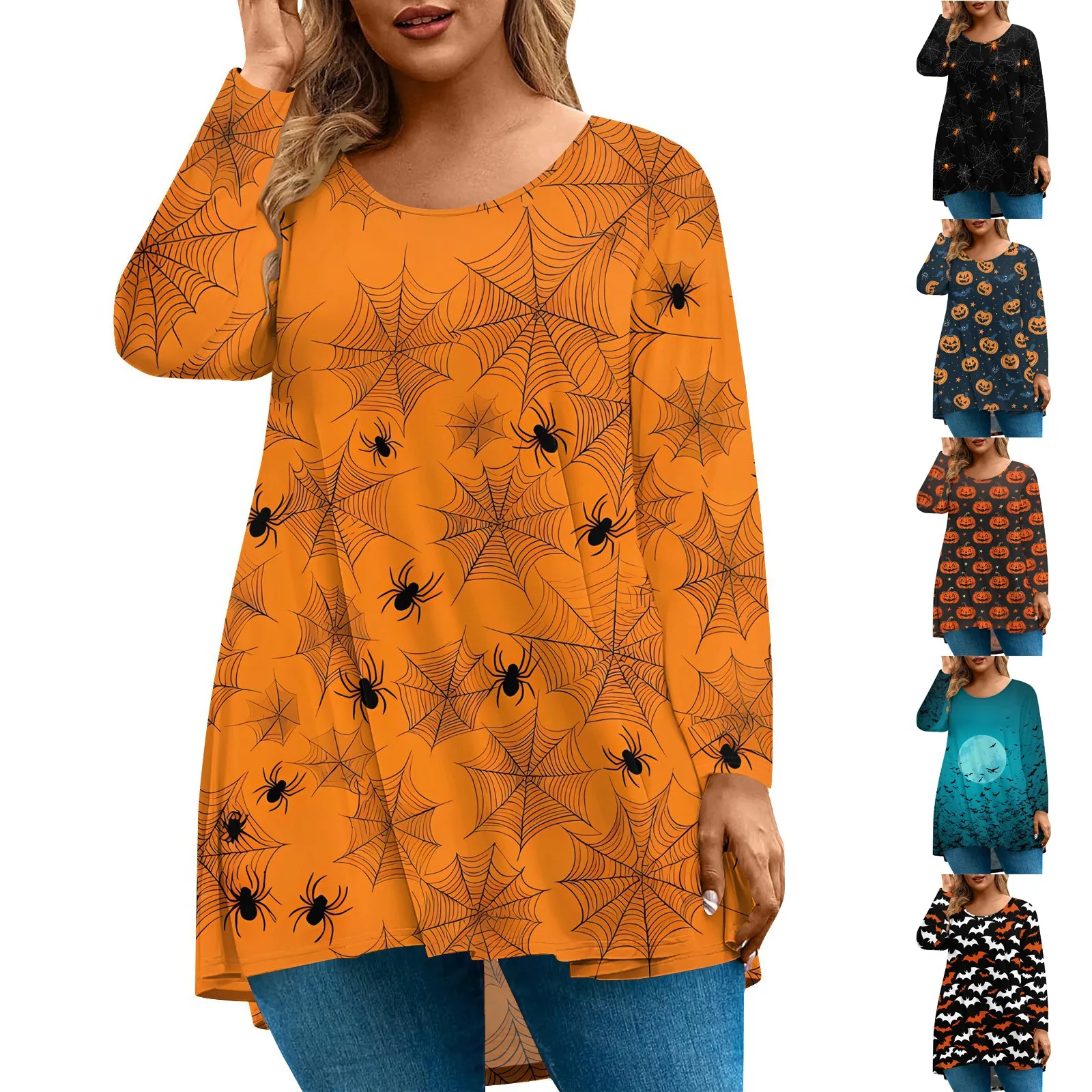 Plus Size Halloween Print T-Shirt for Women Fashion Round Neck Long Sleeve Casual Loose Pullover Top Halloween Party Costumes