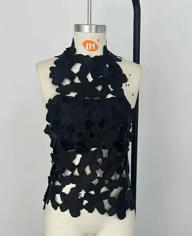 Stylish Women Floral Embroidery Halter Tops Slim Hollow Out Flower Sleeveless Open Back Shirts Trendy Summer Streetwear