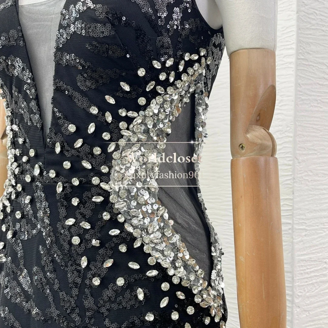 

Women Black Short Sleeve Beading Sequins Lace Patchwork Tube Maxi Dresses