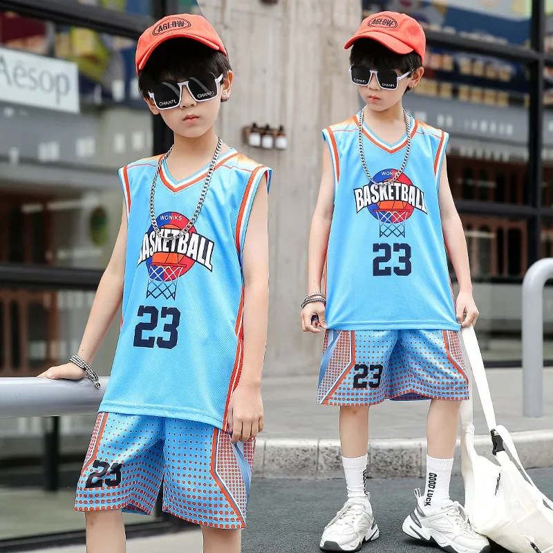 New Boys Girls Summer Basketball Jerseys 2023 Summer Kids Suit Cool Handsome Sports Training Uniforms Little，  lakers shorts