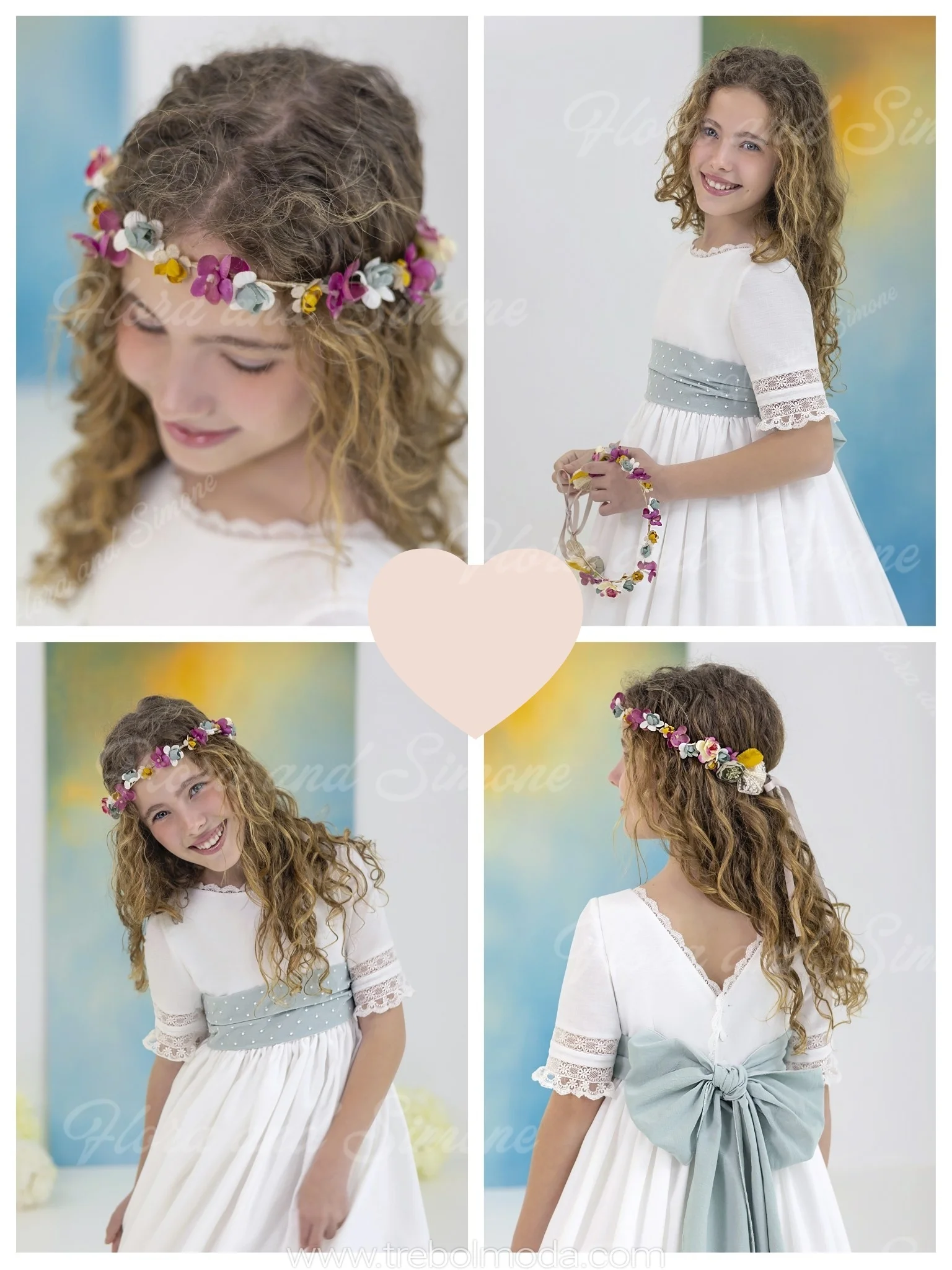 Gaun Pengiring Pengantin Anak Lengan Setengah dengan Sabuk, Motif Bunga, untuk Tamu Pernikahan, dengan Pita, Warna Putih Gading, Bahan Tulle dan Renda, untuk Komuni Pertama