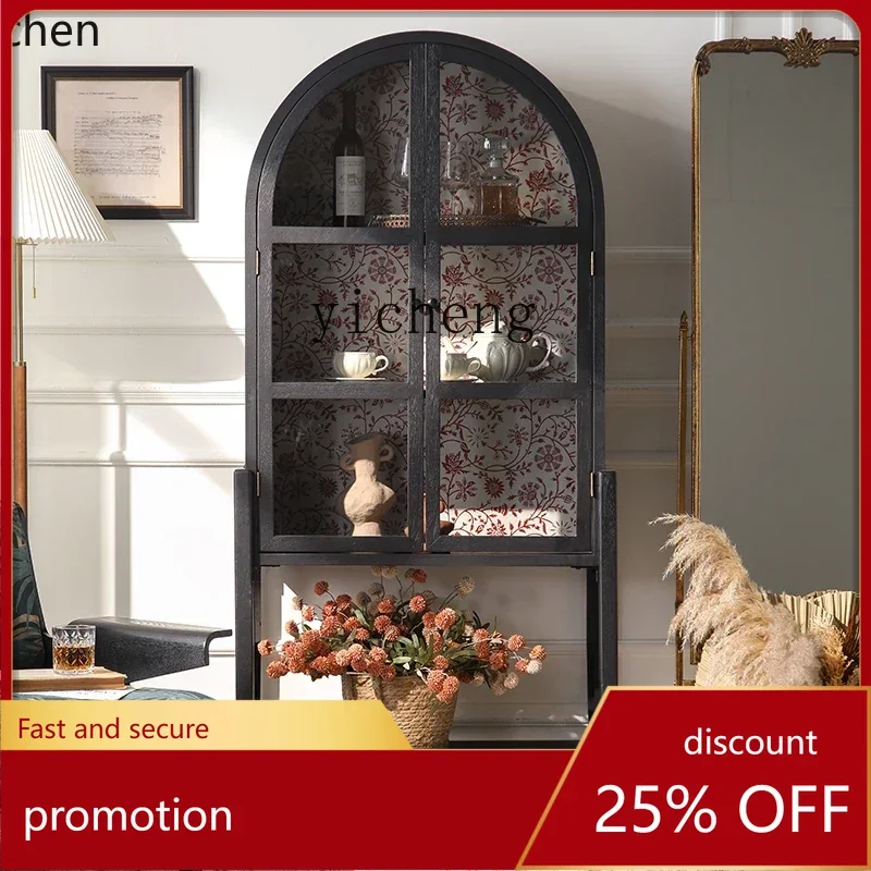 

HXL Black Sideboard Bookcase Solid Wood Glass Door Painted Arched Display Storage Cabinet