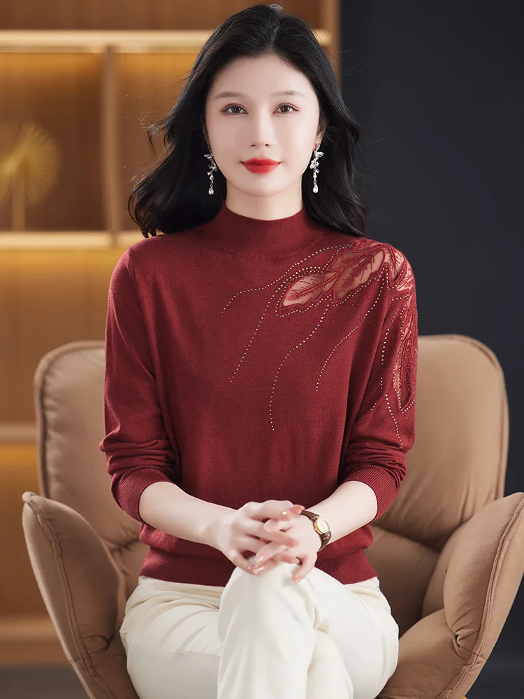 

Turtleneck Sweater Woman Spring Fashion Pullover Femme Knitwears Women Clothing Mesh Hollow Long Sleeve Sweaters