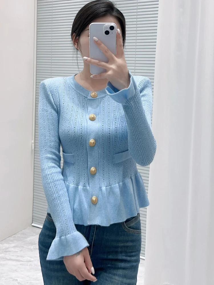 

Ele Long Sve round Ne Knitted Cardigan Women's Slim Fit Faionable Lace Trim Open Front Top High-End Version Euro S...