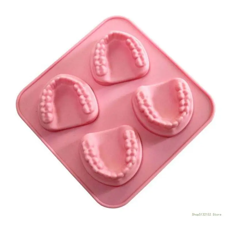 QX2E 4 Hole Denture Teeth Shaped Ice Cube Mold Silicone Ice Tray DIY Ice Cream Mould Funny Gag Gift for Dentist Seniors Father