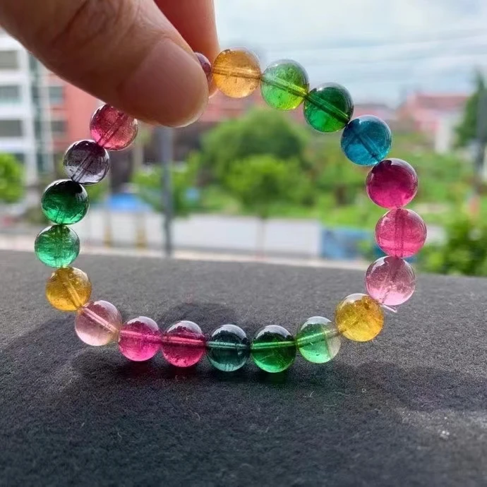 

Natural Colorful Tourmaline Clear Round Beads Bracelet 9mm Brazil Women Men Rainbow Red Blue Tourmaline Fashion AAAAAAA