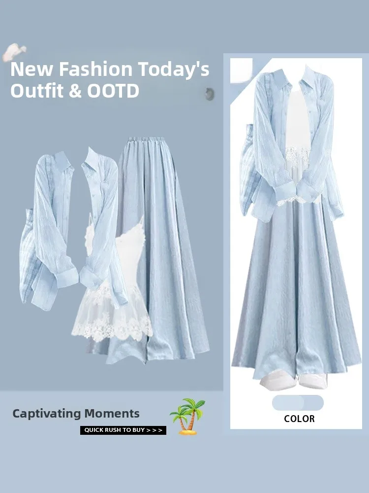 

Casual Vaion Sle Women's Ensemble Long Sve irt Strap Vest with ter Skirt Pants Faionable Agel Outfit Set