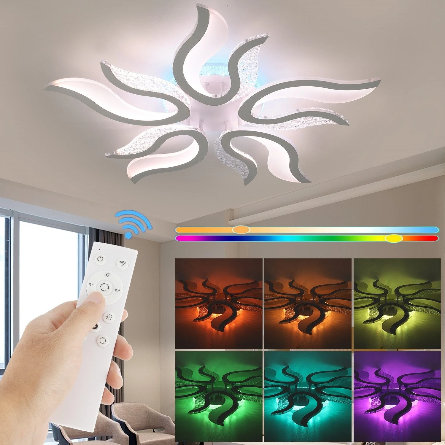 54W LED Deckenleuchte Mit Fernbedienung Dimmbar Blütenform Deckenlampe RGB Hintergrundbeleuchtung Farbwechsel Dokument Schlafzimmer