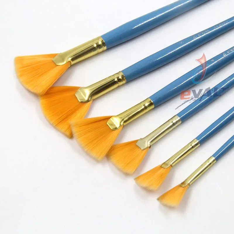 6 pcs yellow nylon hair fishtail fan shap brush pen Blue Wooden pole hanging black tail  painting brush manufacture for paint