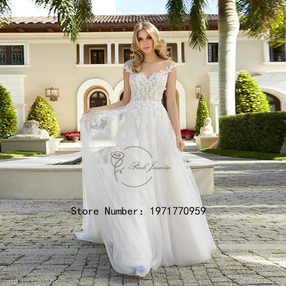 

Classic Civil Wedding Dress For Women Scoop Neck Cap Sleeves Applique Illusion Bride Party Gowns Soft Tulle A-Line vestido de