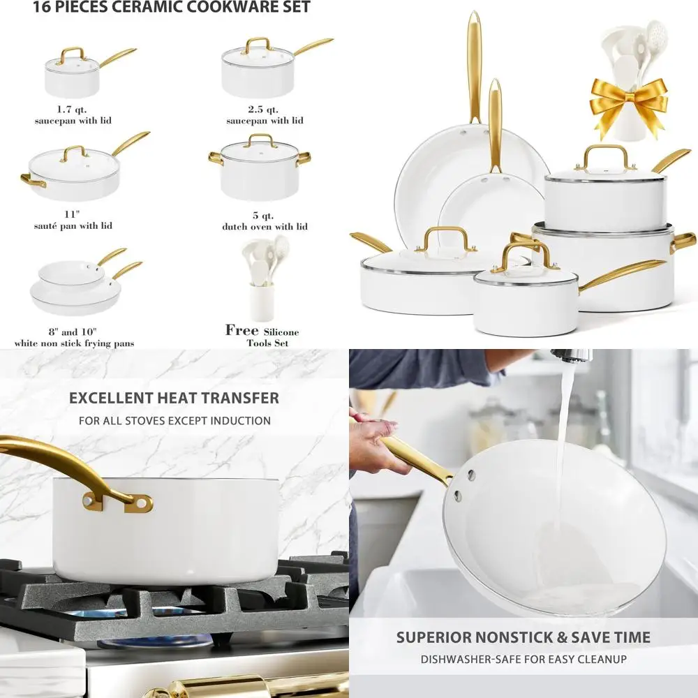 

16-Piece Ceramic Non-Stick Cookware Set with Utensils, White Gold, Oven & Dishwasher Safe, Perfect Kitchen Gift