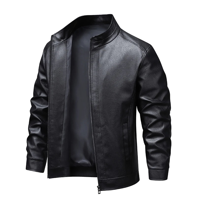 

Massgorule Spring Men's Stand-up Collar Leather Coat Fashion Trend Comfortable Windproof Outerwear Casual Loose Solid Jacket