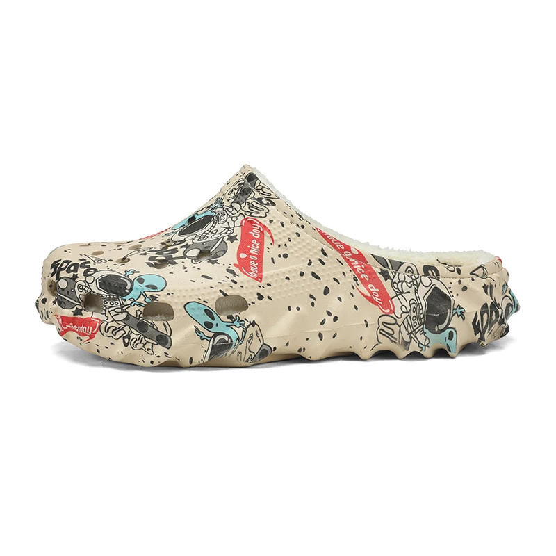 Mens Winter Indoor Keep Warm Fur Slippers With Plush Home Shoes House Printed Clogs Rubber Half Shoes Slip-On Backless Sandals