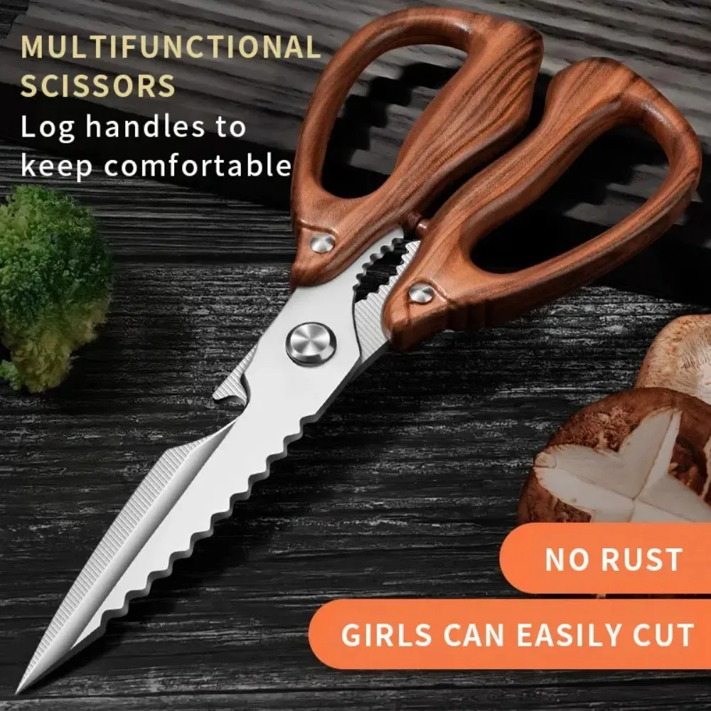 Newly Heavy Duty Wood Handle Kitchen Scissors Barbecue Shears - All-in-One Stainless Steel Shears for Chicken,Fish,Bottle & Nuts