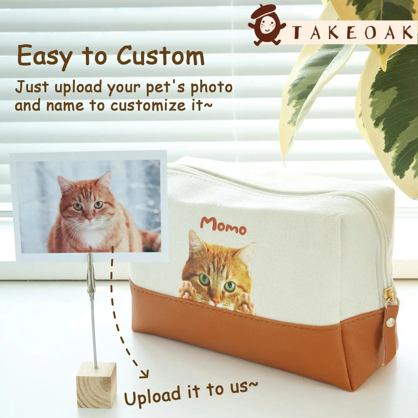 Custom Pet Photo Cosmetic Bag Personalized Print Dog Cat Name Canvas PU Makeup Pouch Large Capacity Travel Toiletry Organizer