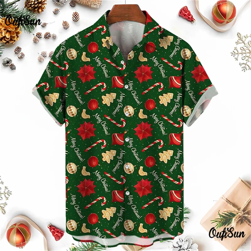 クリスマス新年ジンジャーブレッドクリスマスハワイアンシャツメンズ3D雪だるまプリントストリート半袖ルーズ服男性用服