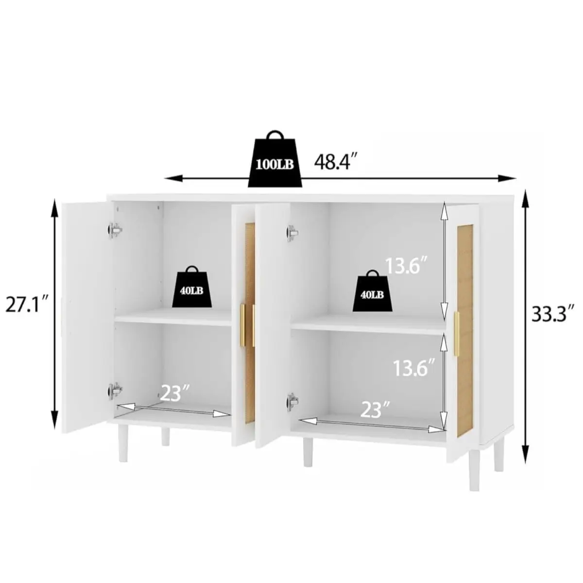 Rattan Buffet Cabinet 4 Doors Adjustable Shelves Modern Coffee Bar Console Table Kitchen Entryway Storage, Customized