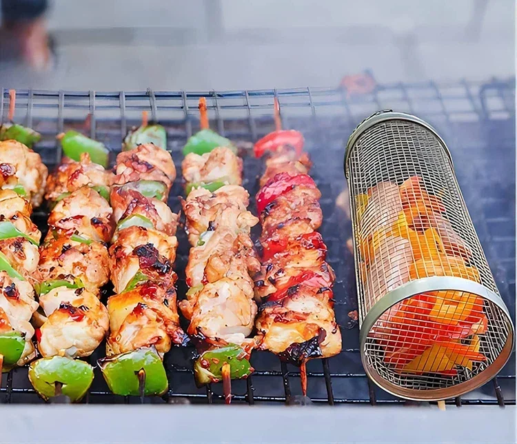 Edelstahl-Zylinder-Grillkorb, tragbarer runder BBQ-Rost, Drahtgitter-Grillrost für Outdoor-Camping und Picknick – Detail 2
