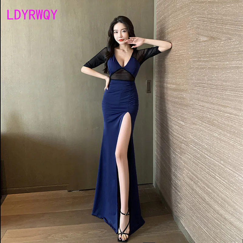 2022 Sexy Deep V low cut net gauze see-through floor mopping women's nightclub elegant thin slit dress