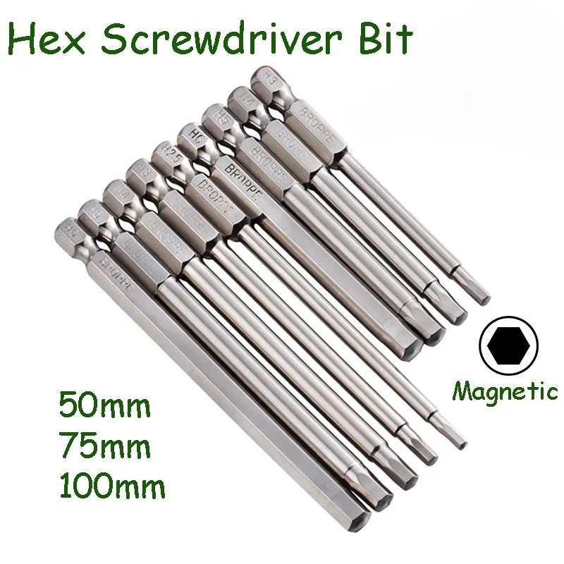 

Hex Head Allen Wrench Bits H1.5 H2 H2.5 - H8 Magnetic 1/4" Hex Shank S2 Steel 50/75/100/150mm Length Electric Batch Head Repair