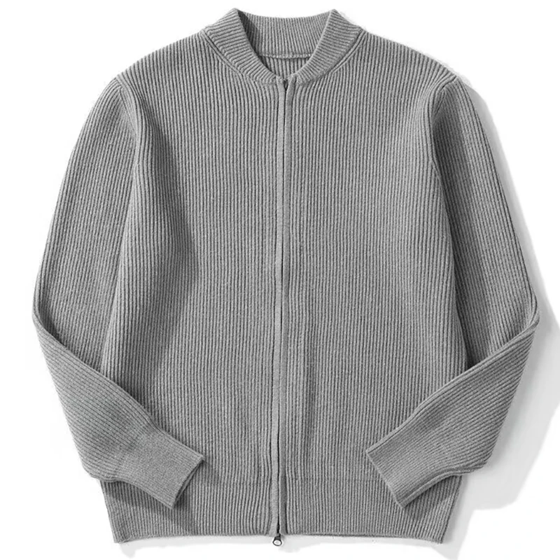 Cárdigan de punto con diseño de cremallera para hombre, suéter de invierno, prendas de vestir exteriores ajustadas de Color puro, cárdigan con cuello de punto, abrigos