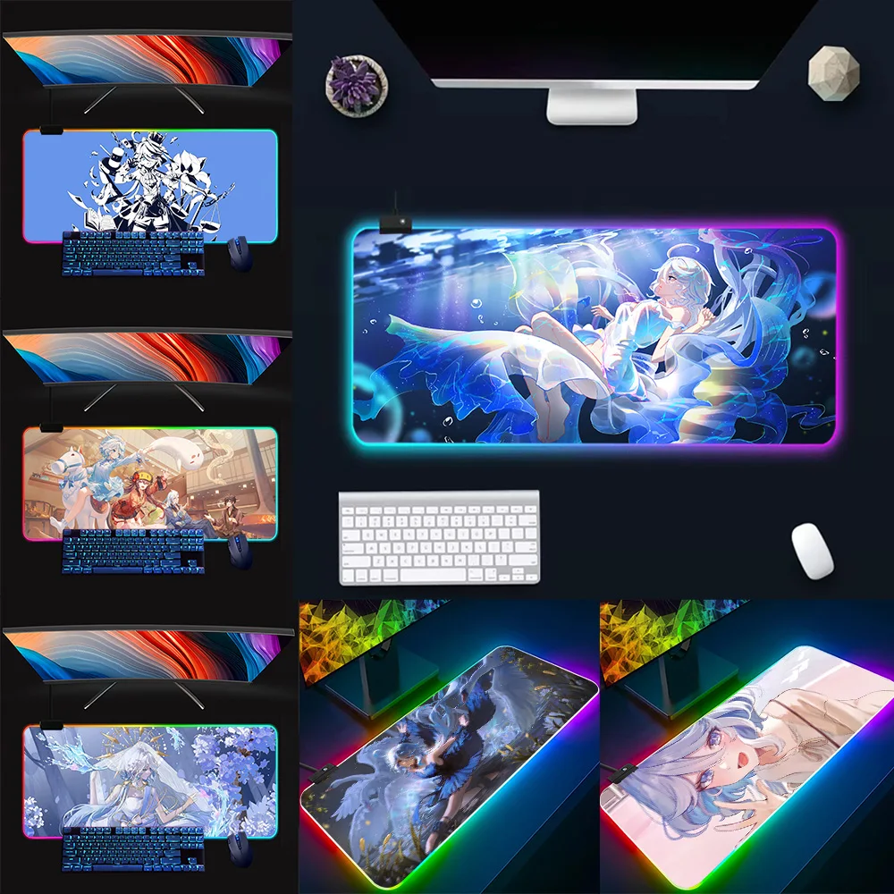 FurinaGenshin Impact RGB Pc Gamer Keyboard Mouse Pad Mousepad LED Glowing Mouse Mats Rubber Gaming Computer Mausepad