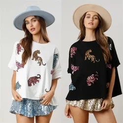 Spring and Summer New Cartoon Tiger Sequin Top Casual Loose Short Sleeved T-Shirt Black White Personalized Street Women's Wear