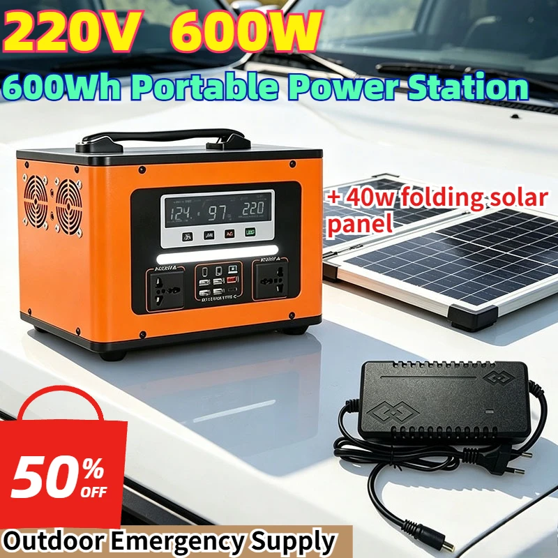 Portable Charging Station 220V, 600W 40Ah Solar Generator Fast Charging AC Outlet/DC Port and LED Flashlight, Lithium Battery