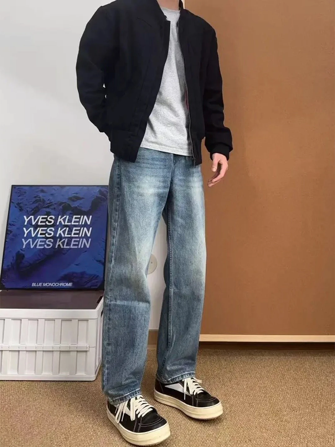 

Retro Blue Flared Jeans Men's Winter American High Street Vibe Knife Fce Lined Lift Straight Leg Jeans