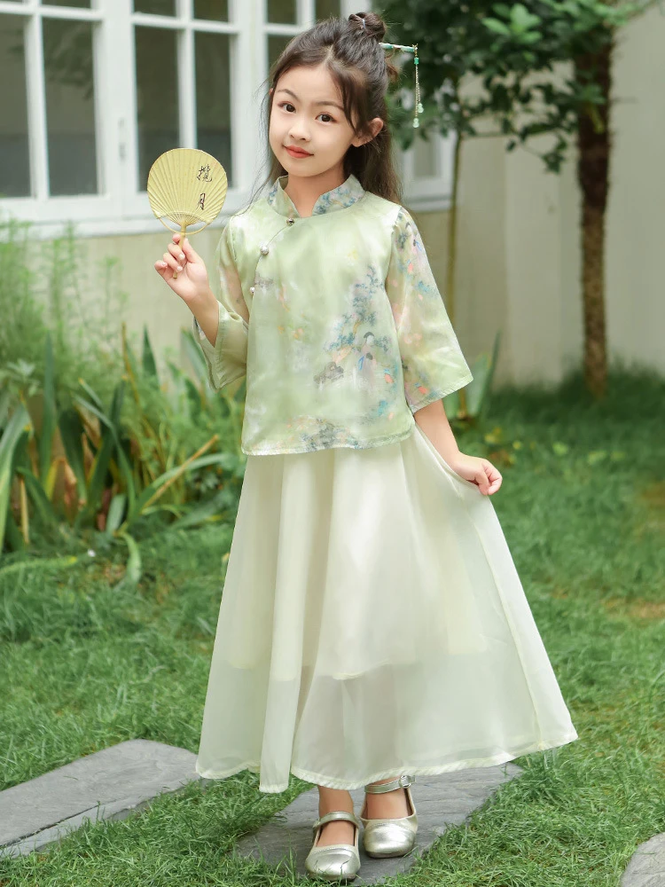 

Girls' Hanfu Summer Outfit Set2026New stylish short-sleeved dress for older children, children's traditional Chinese-style dress